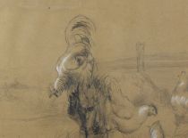 tableau La basse cour Van Leemputten Jean-Baptiste animaux,scène rurale  crayon papier 19e siècle
