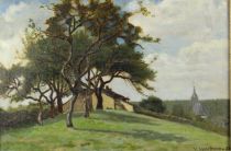 tableau Vue sur le village   paysage,village,église  huile toile 1ère moitié 20e siècle