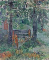 tableau Le banc  du jardin Guilbert Maurice paysage  huile toile 1ère moitié 20e siècle