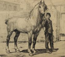tableau Le cheval de trait   personnage  encre papier 19e siècle
