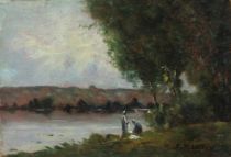 tableau Les lavandières  Martin C marine,personnage,scène rurale  huile panneau 19e siècle
