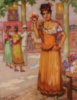tableau La vendeuse de fleures Riboulet Eugène fleurs,scène de genre  huile isorel 1ère moitié 20e siècle