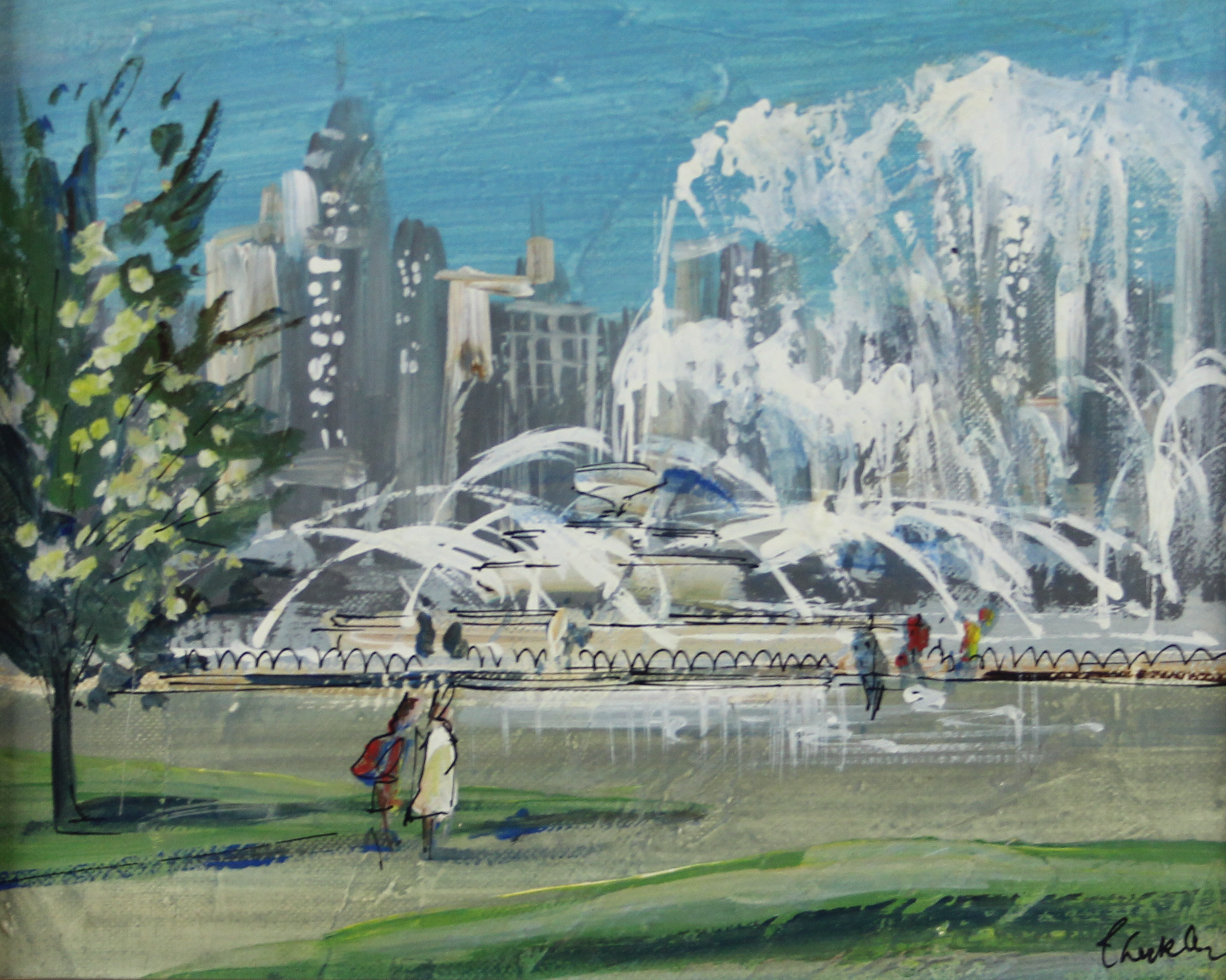 tableau Chicago le parc   paysage,ville  huile toile 2ième moitié 20e siècle