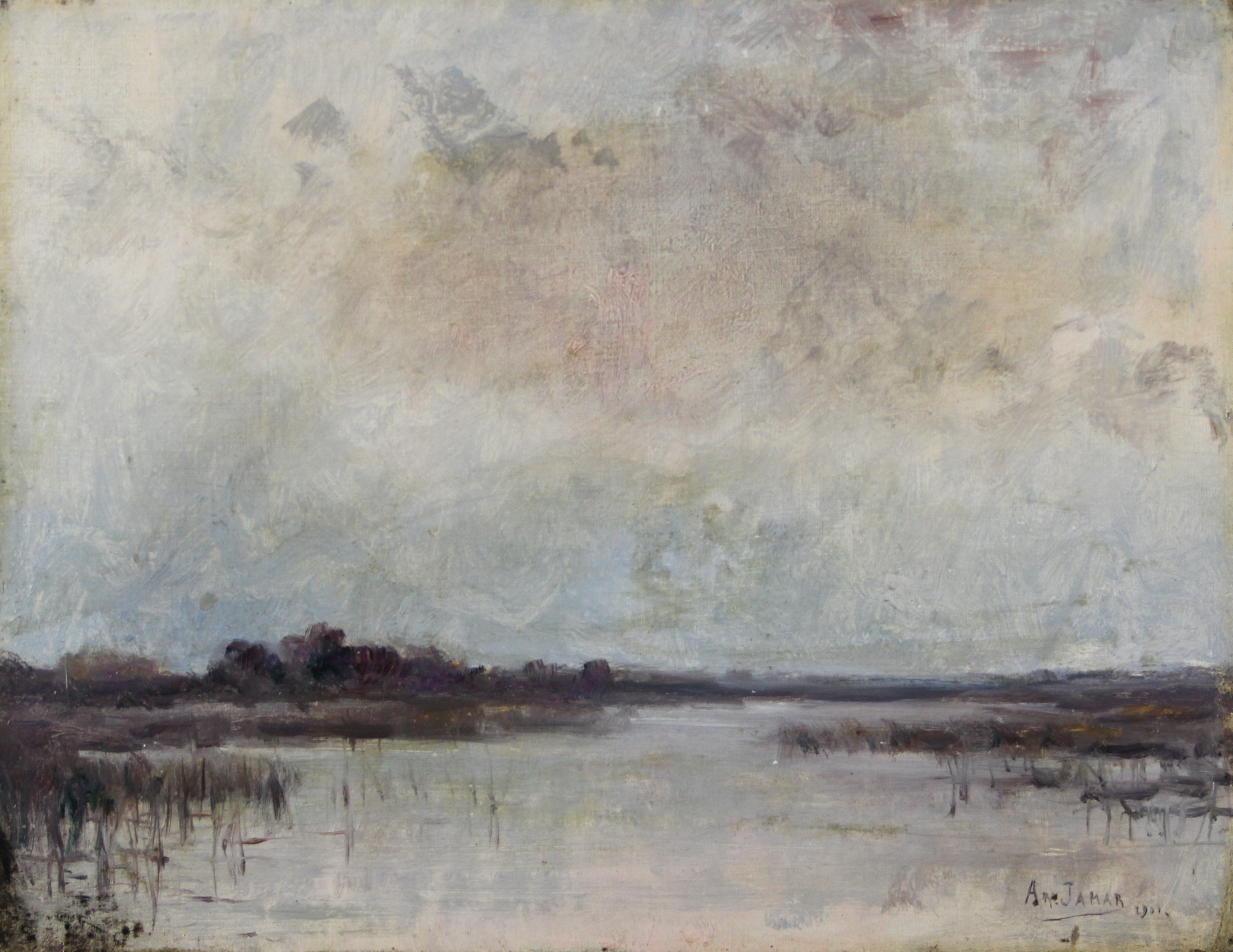 tableau Le marais Jamar Armand paysage  huile panneau 1ère moitié 20e siècle