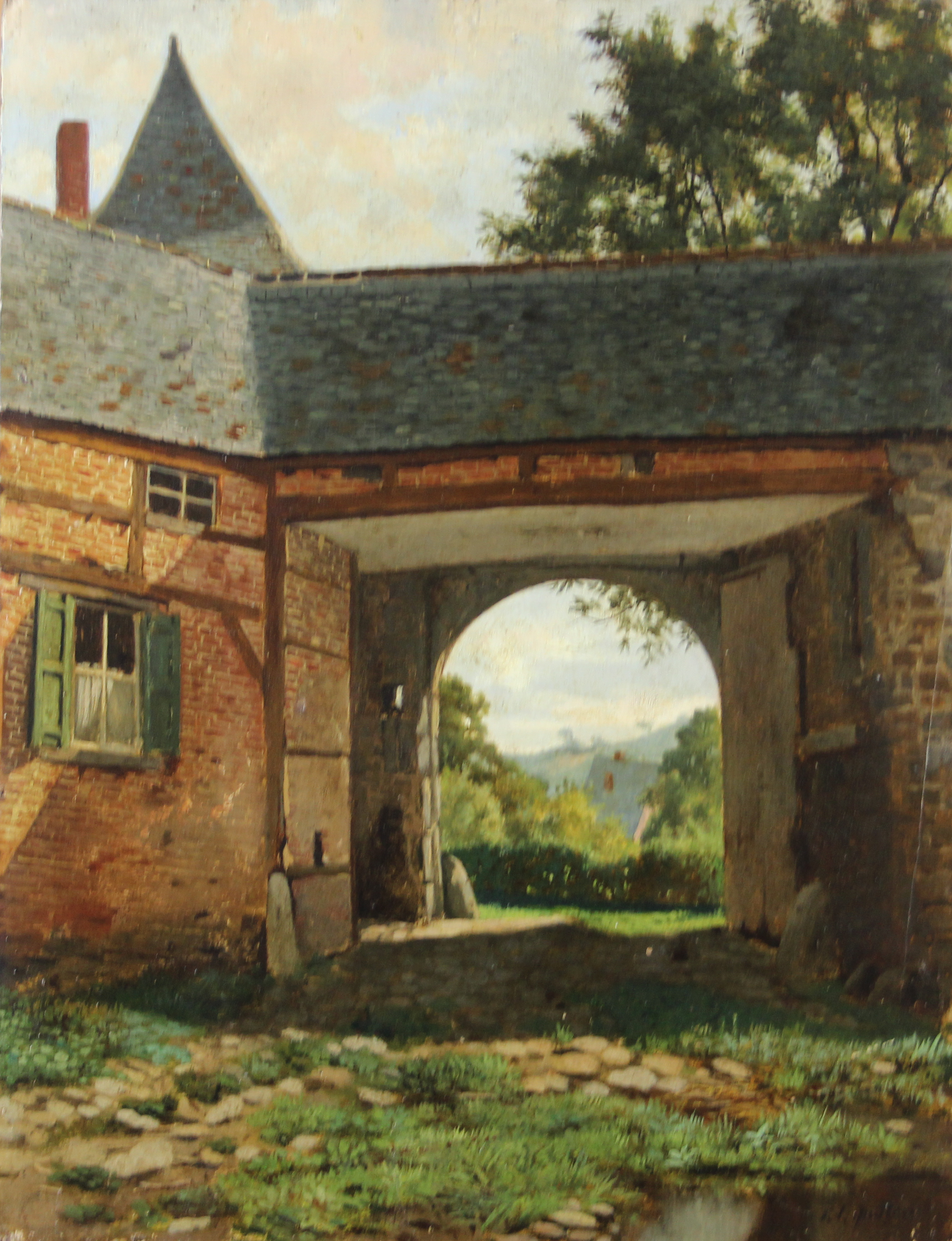tableau Le porche de la ferme Quitton Edouard paysage,scène rurale  huile panneau 1ère moitié 20e siècle