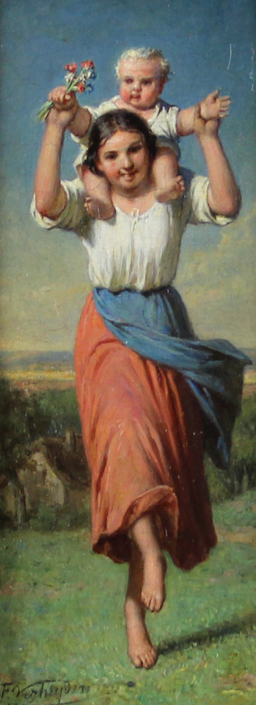 tableau Le bambin Verheyden François personnage,scène rurale  huile panneau 19e siècle