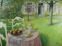 tableau Le thé au jardin BRION Alex paysage,scène de genre  huile triplex 1ère moitié 20e siècle
