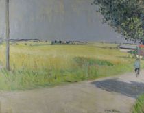 tableau Ballade à vélo ensoleillée   paysage  huile toile 2ième moitié 20e siècle