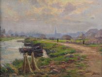 tableau Le fleuve Caullet Albert paysage,village,église  huile marouflé 1ère moitié 20e siècle