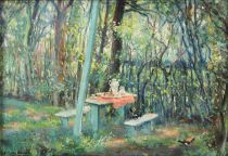tableau Au jardin Comhaire Georges nature morte,paysage  huile panneau 1ère moitié 20e siècle
