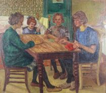 tableau La famille Rutten Anne personnage,scène d'intérieur  huile marouflé 1ère moitié 20e siècle