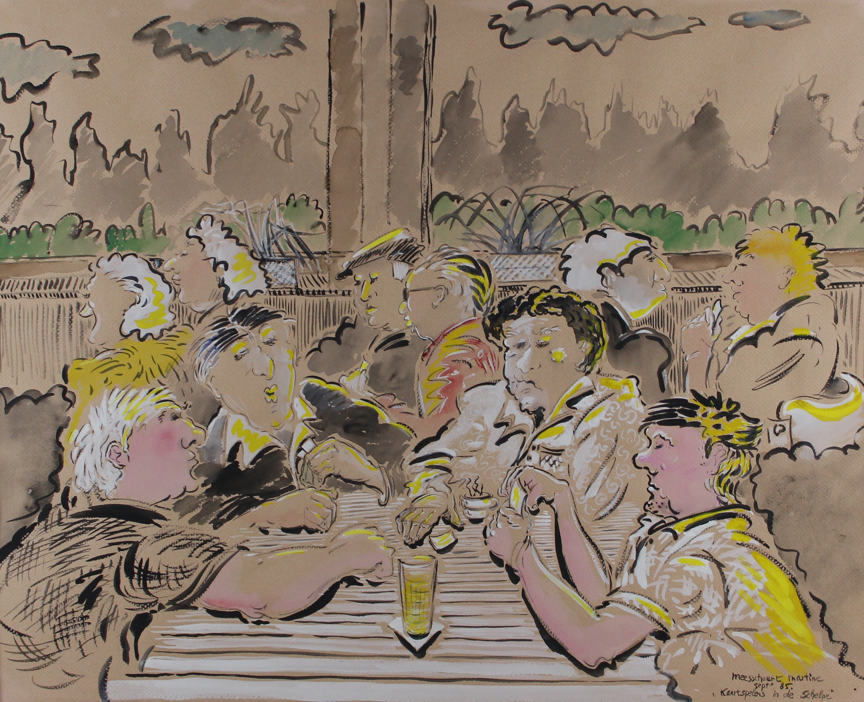 tableau Kaartspelers in schelpe Meesschaert Martine personnage,scène de genre  aquarelle papier 2ième moitié 20e siècle