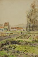 tableau Sur le chemin de la maison Rimbout Emile paysage,personnage  aquarelle papier 1ère moitié 20e siècle