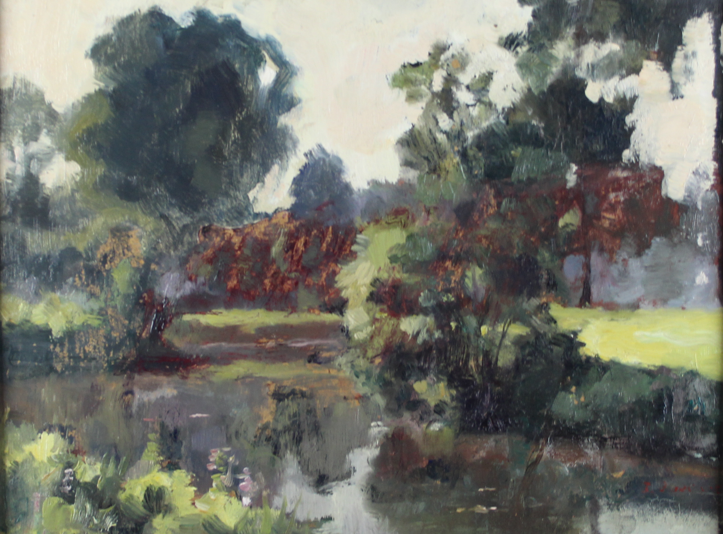 tableau L'étang   paysage  huile panneau 2ième moitié 20e siècle