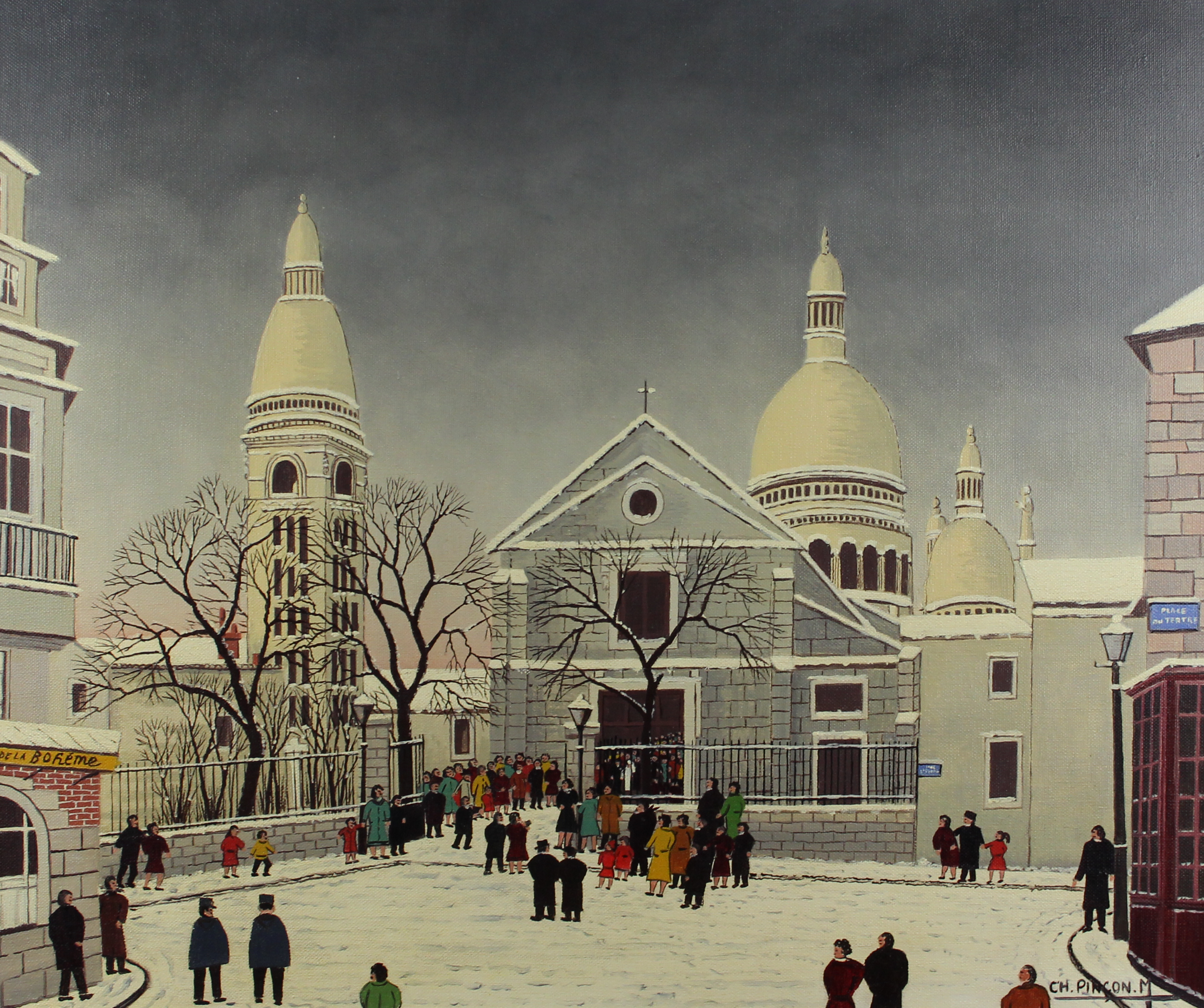 tableau Place du Tertre Pinçon-Maricourt Charles Lucien personnage  huile toile 2ième moitié 20e siècle