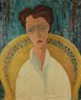 tableau La femme au fauteuil jaune Merckx  portrait  huile toile 2ième moitié 20e siècle
