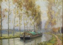 tableau La pniche sur le canal Schmid Ren paysage,personnage  huile panneau 2ime moiti 20e sicle