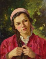 tableau La femme au foulard  Rezes Molnar Lajos personnage,portrait  huile toile 1re moiti 20e sicle