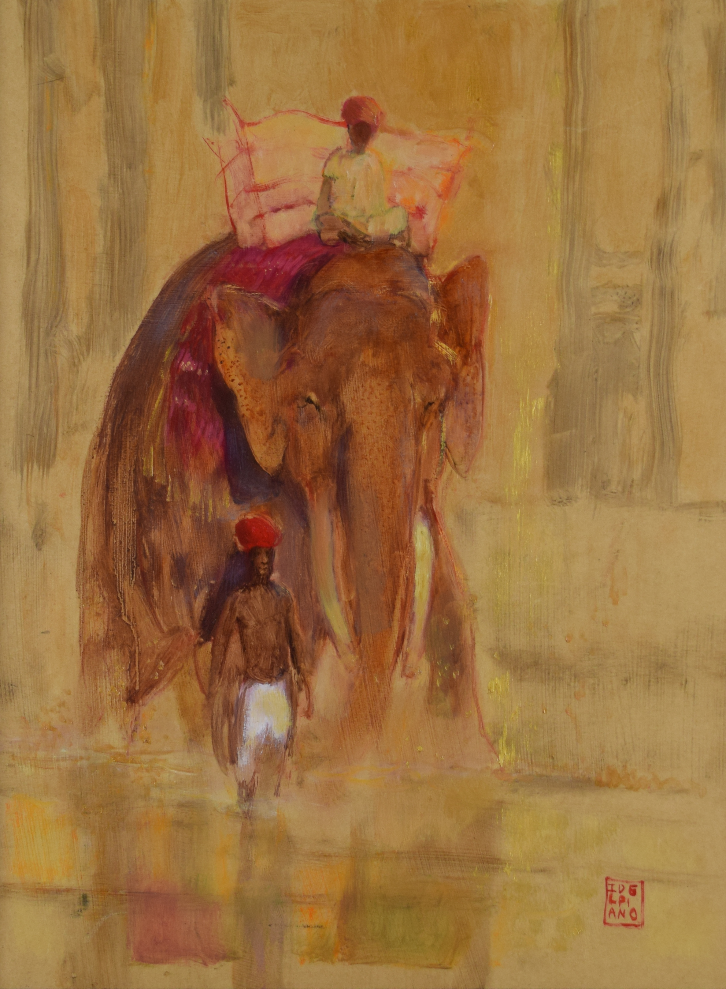 tableau Le cornac Del Piano Isabelle animaux,orientaliste,personnage  huile papier 2ième moitié 20e siècle