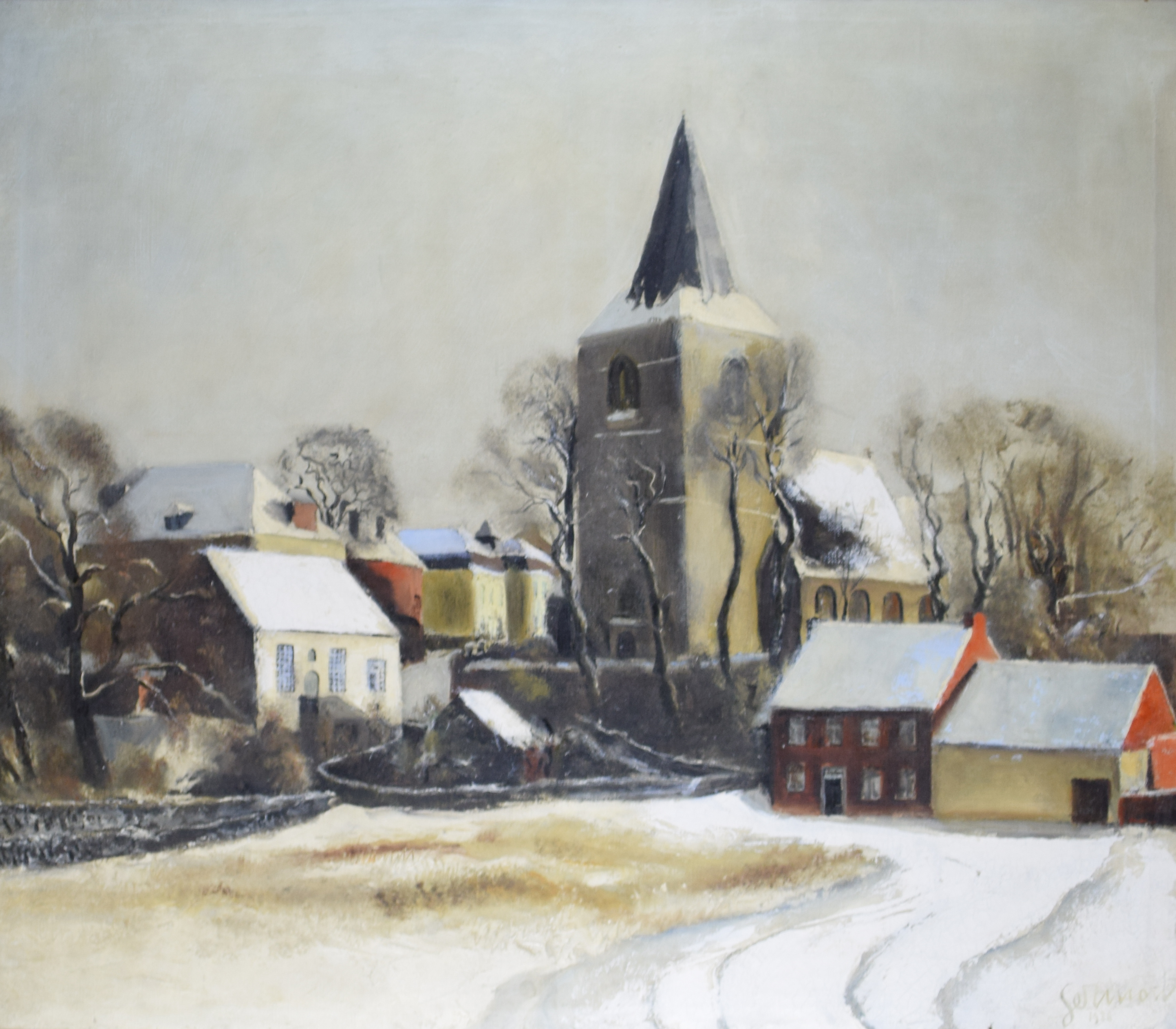 tableau L'église d'Ohain sous la neige Sermon Lucien-Léandre village,église  huile toile 2ième moitié 20e siècle