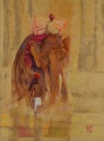 tableau Le cornac Del Piano Isabelle animaux,orientaliste,personnage  huile papier 2ime moiti 20e sicle