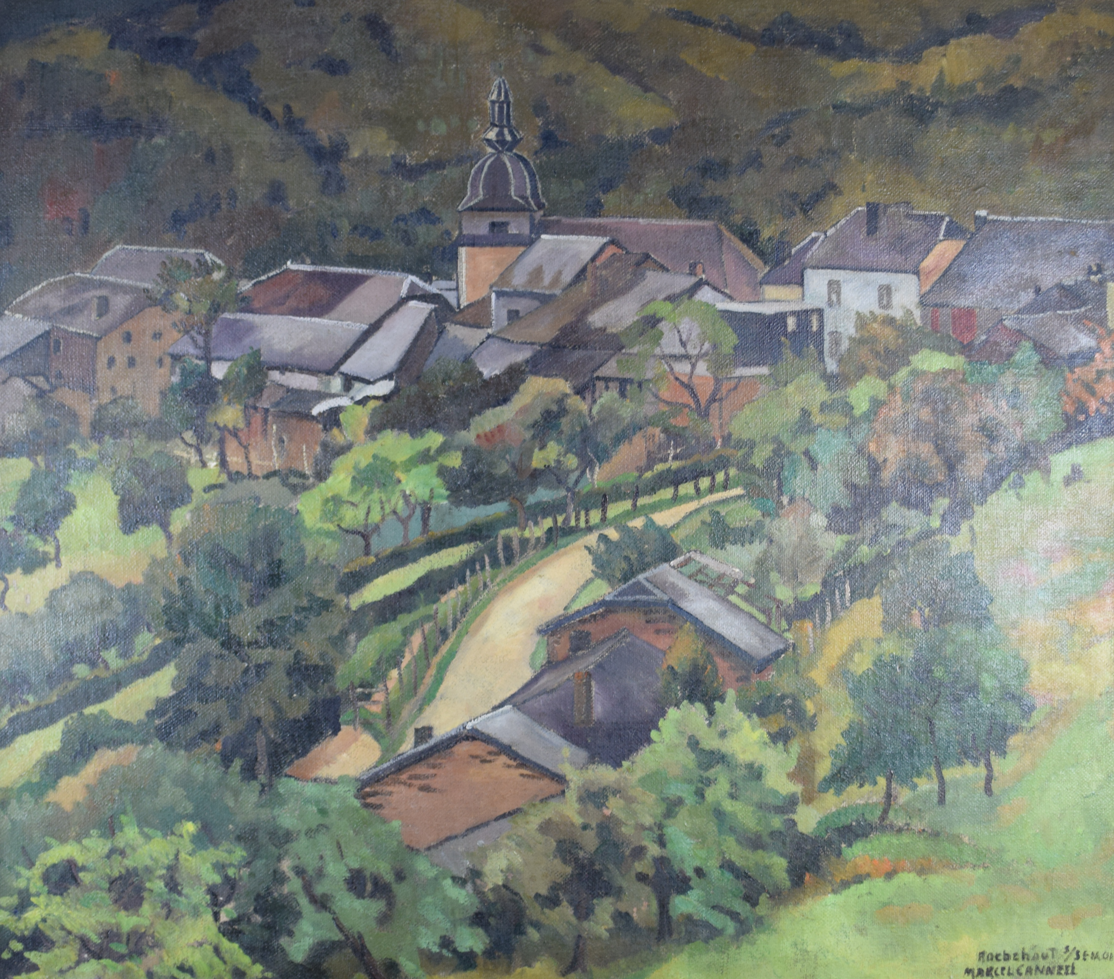 tableau Vue de Rochehaut S/Semois Canneel Marcel paysage,village  huile toile 1ère moitié 20e siècle