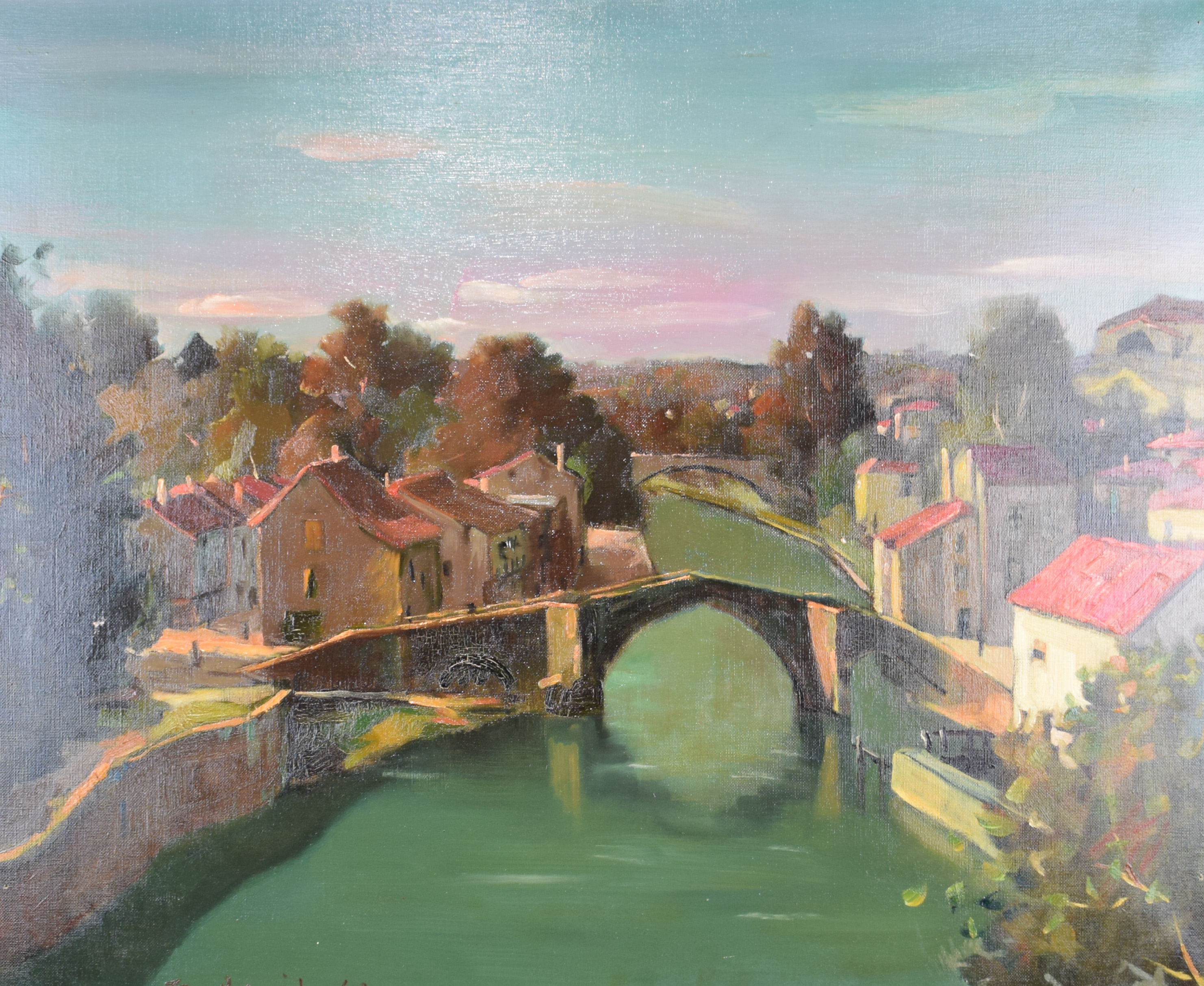 tableau Pont de Nérac Lot et Garonne David Prosper paysage,ville  huile toile 2ième moitié 20e siècle