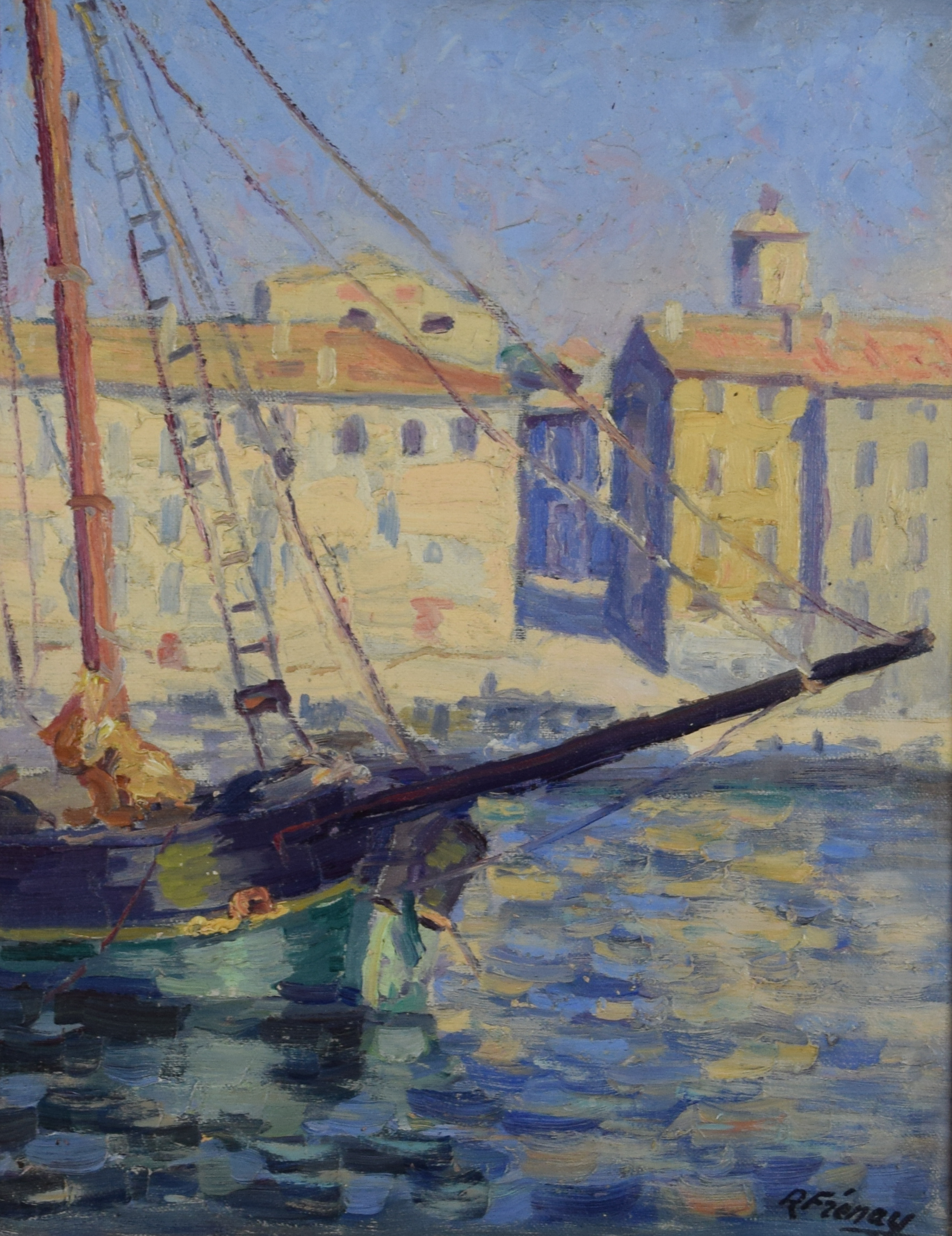 tableau Saint-Tropez le port Frénay Robert marine,village  huile toile 1ère moitié 20e siècle