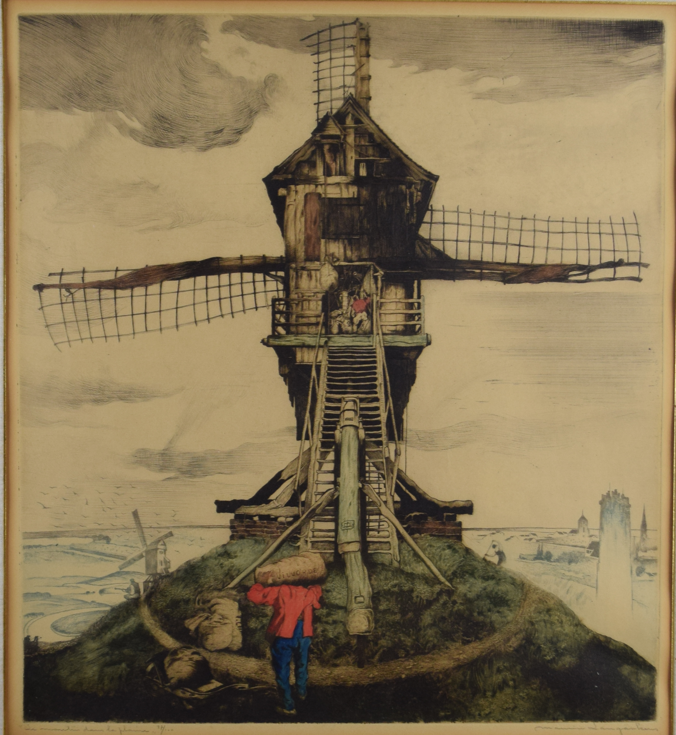 tableau Le moulin dans la plaine (Vilvorde) Langaskens Maurice paysage,village  estampe papier 1ère moitié 20e siècle