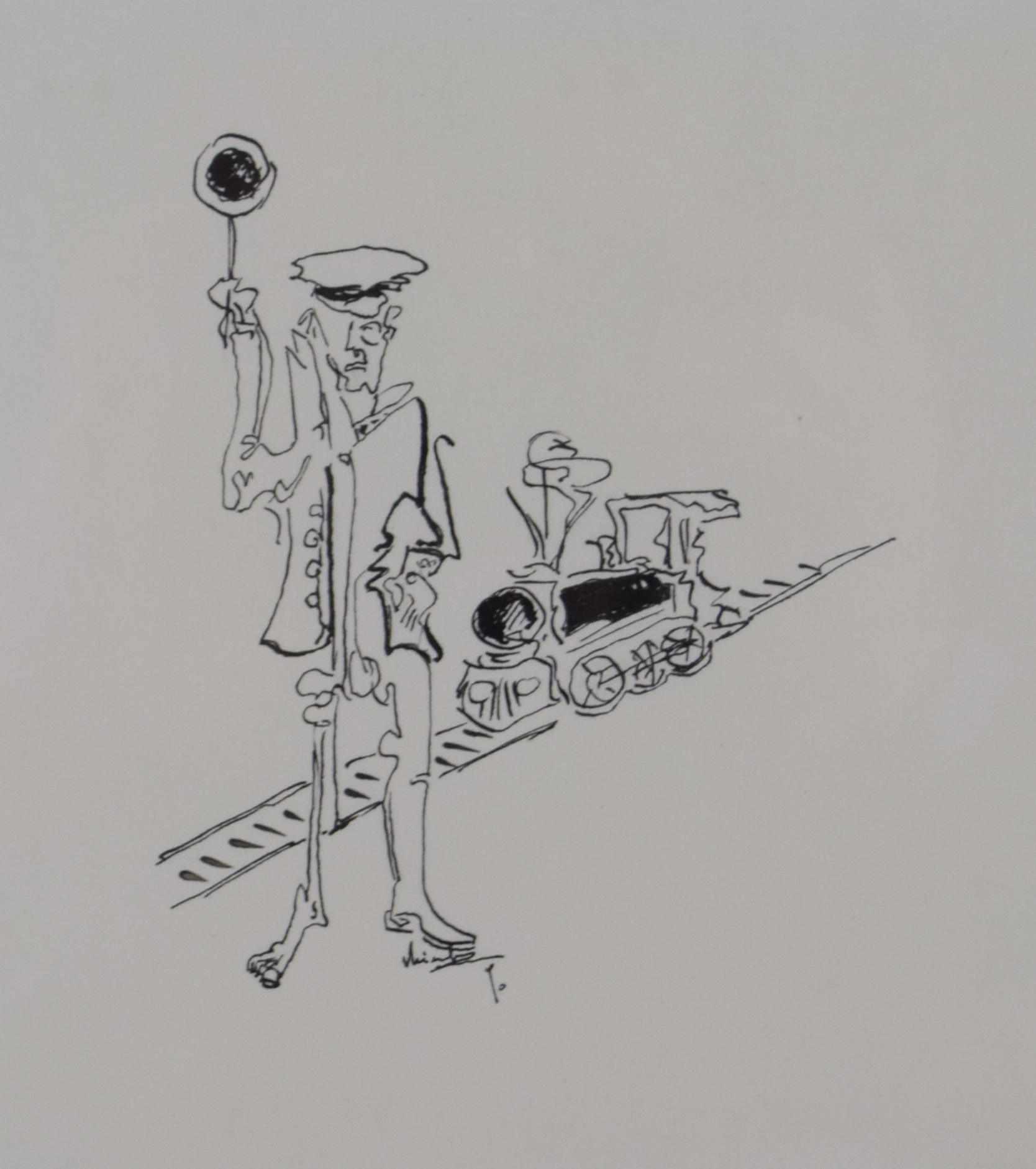 tableau Le train et le chef de gare   personnage  encre papier 2ième moitié 20e siècle