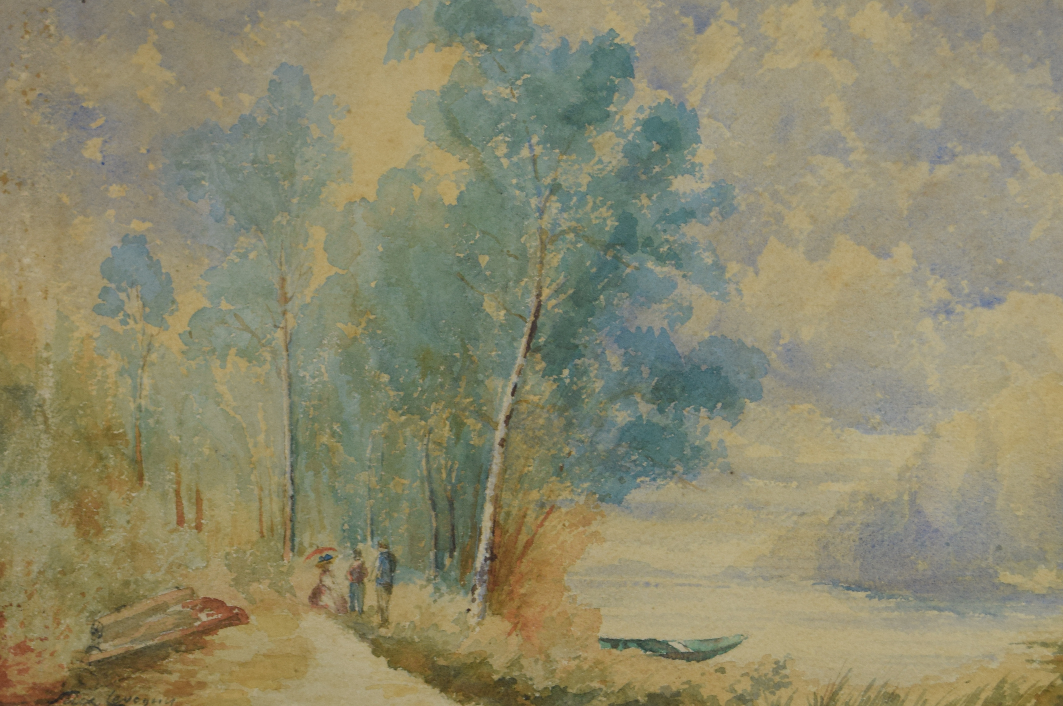 tableau Promenade le long de l'eau   paysage,personnage  aquarelle papier 1ère moitié 20e siècle