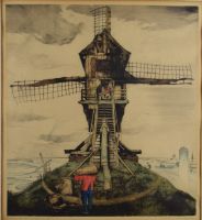 tableau Le moulin dans la plaine (Vilvorde) Langaskens Maurice paysage,village  estampe papier 1re moiti 20e sicle