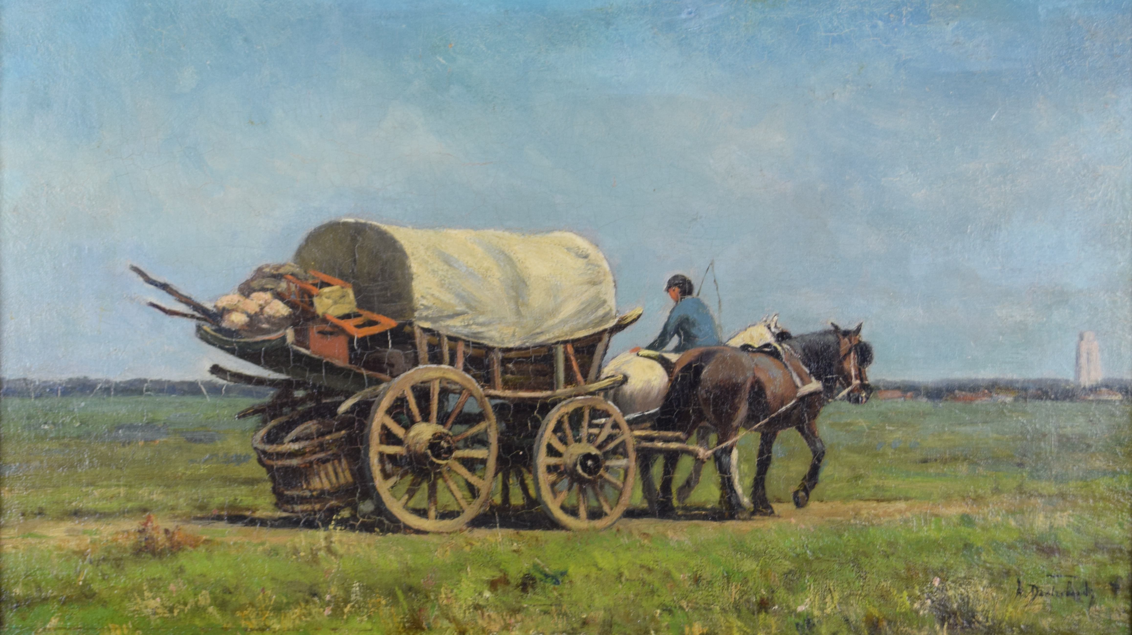 tableau La charrette dans les polders Dautrebande Armand marine,paysage  huile panneau 1ère moitié 20e siècle