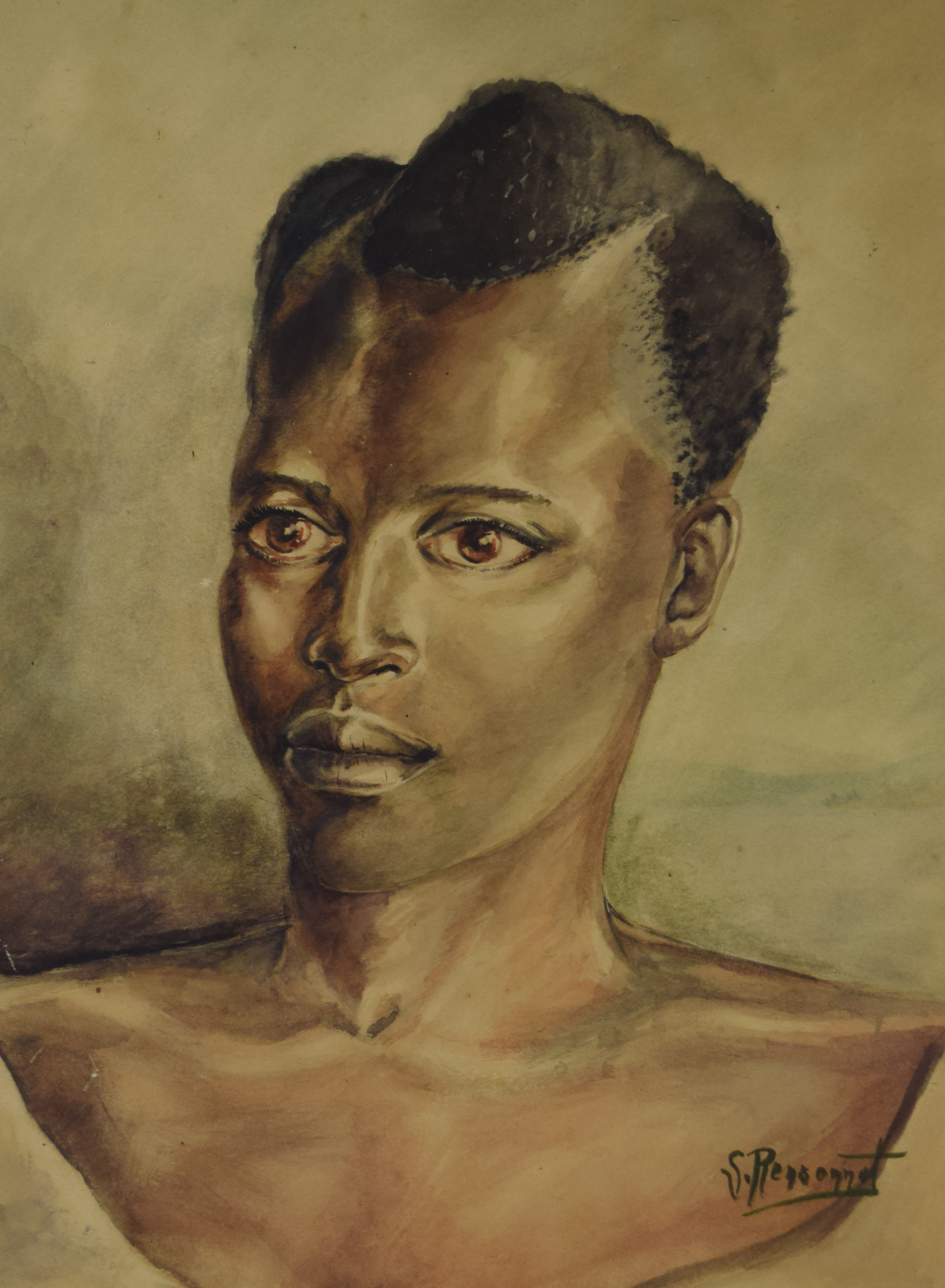 tableau L'africaine Rensonnet V personnage,africaniste  aquarelle papier 2ième moitié 20e siècle