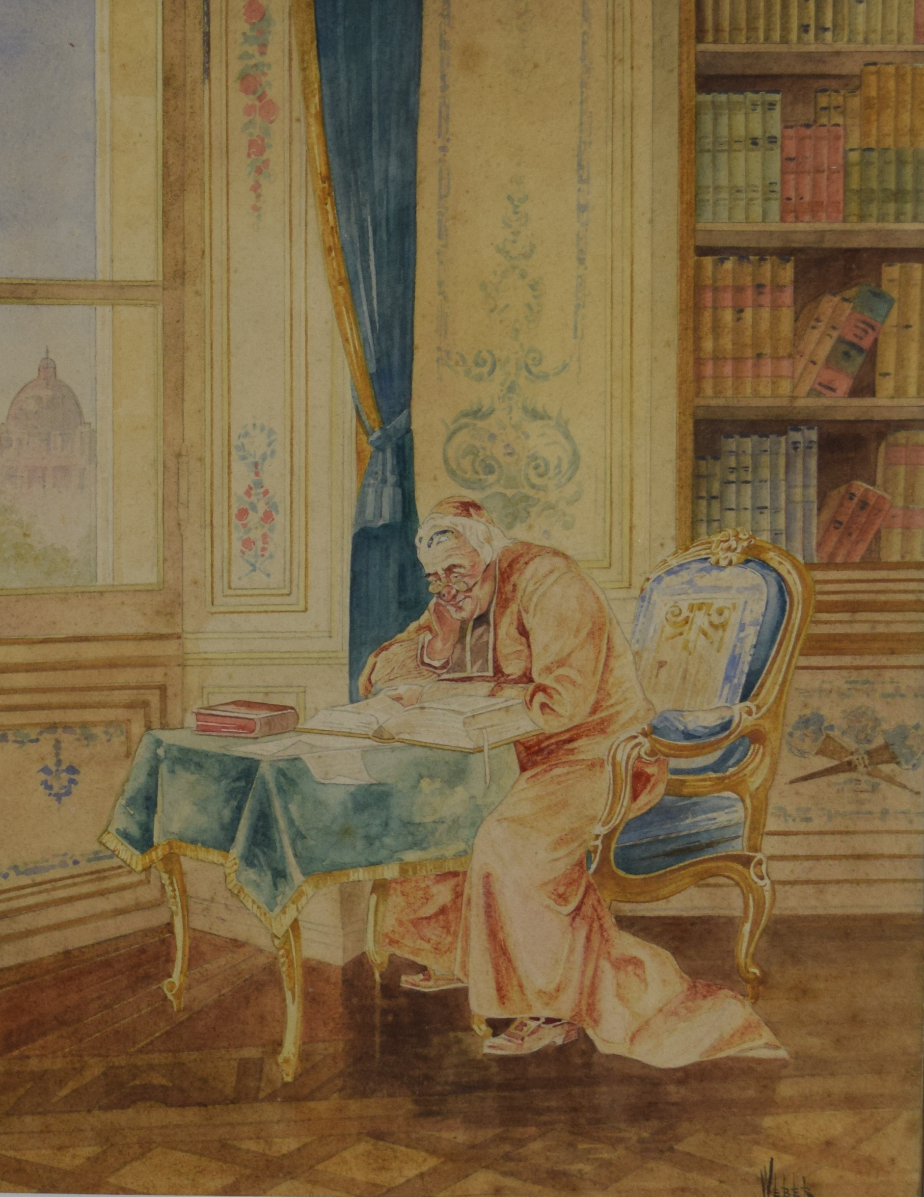 tableau la lecture du cardinal Weber Alfred - Charles personnage,religieux  aquarelle papier 19e siècle