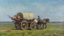 tableau La charrette dans les polders Dautrebande Armand marine,paysage  huile panneau 1re moiti 20e sicle