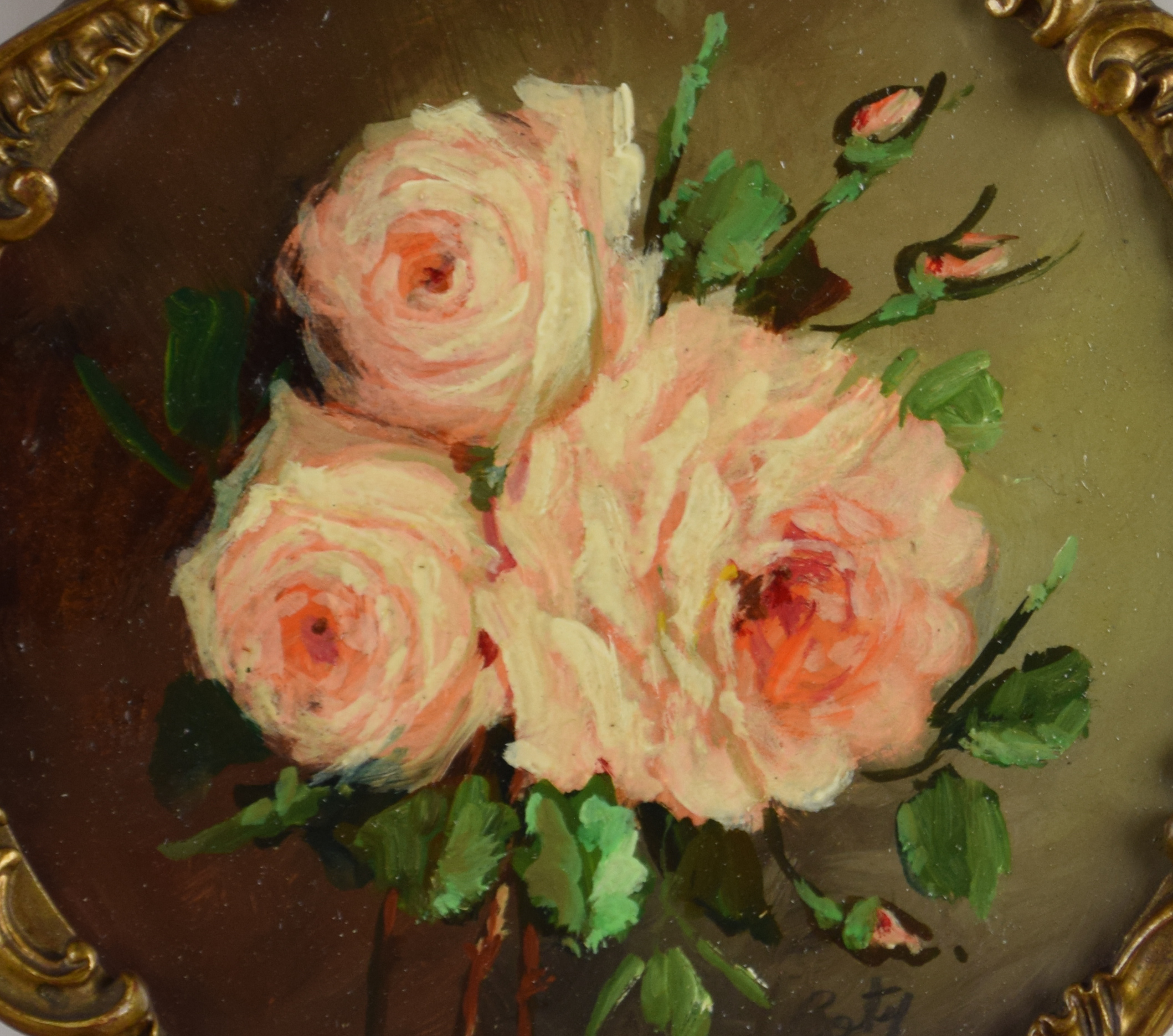 tableau Les roses (1) Caty  fleurs,nature morte  huile triplex 2ième moitié 20e siècle