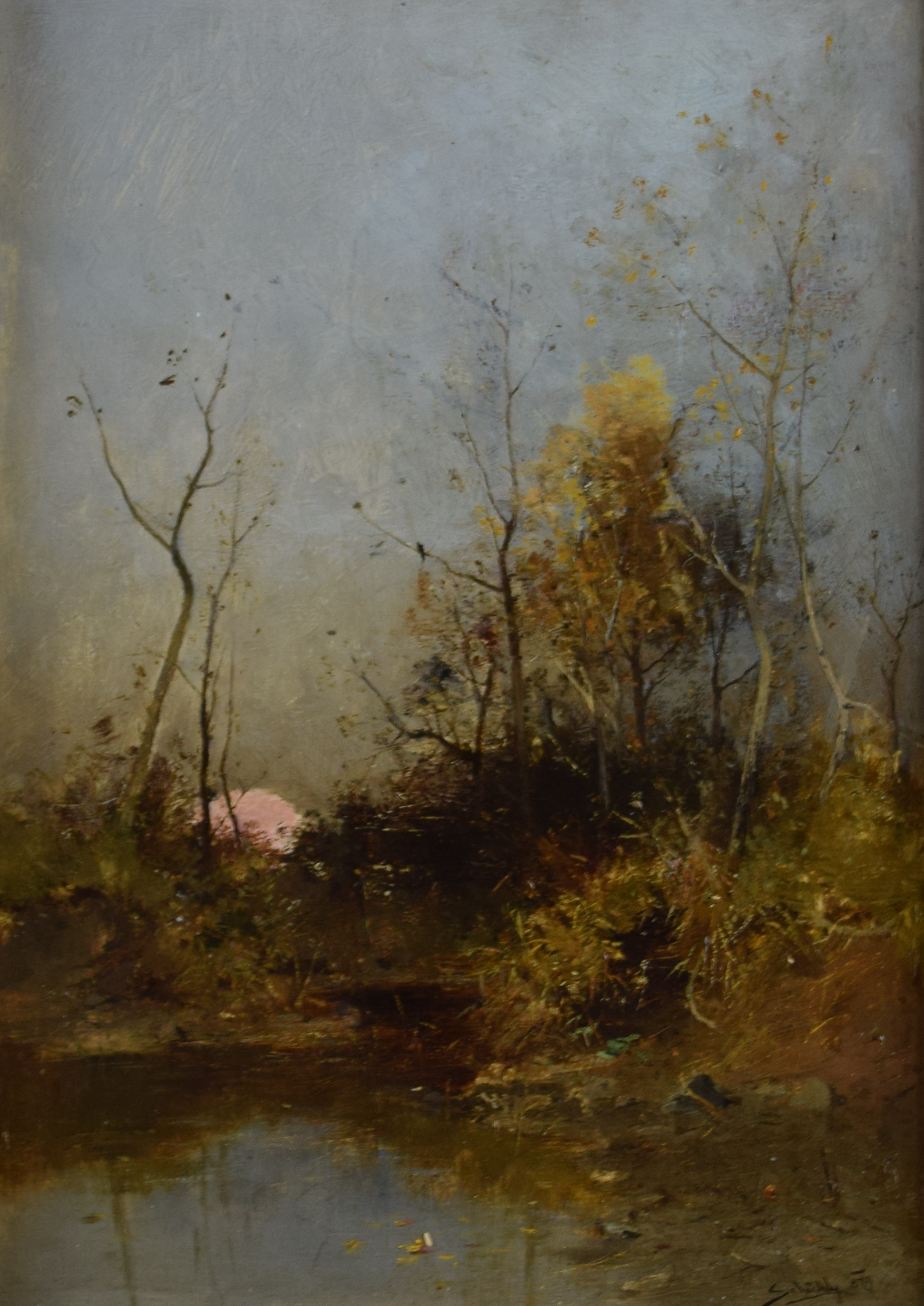 tableau Couché de soleil Schuhly Hans paysage  huile panneau 19e siècle