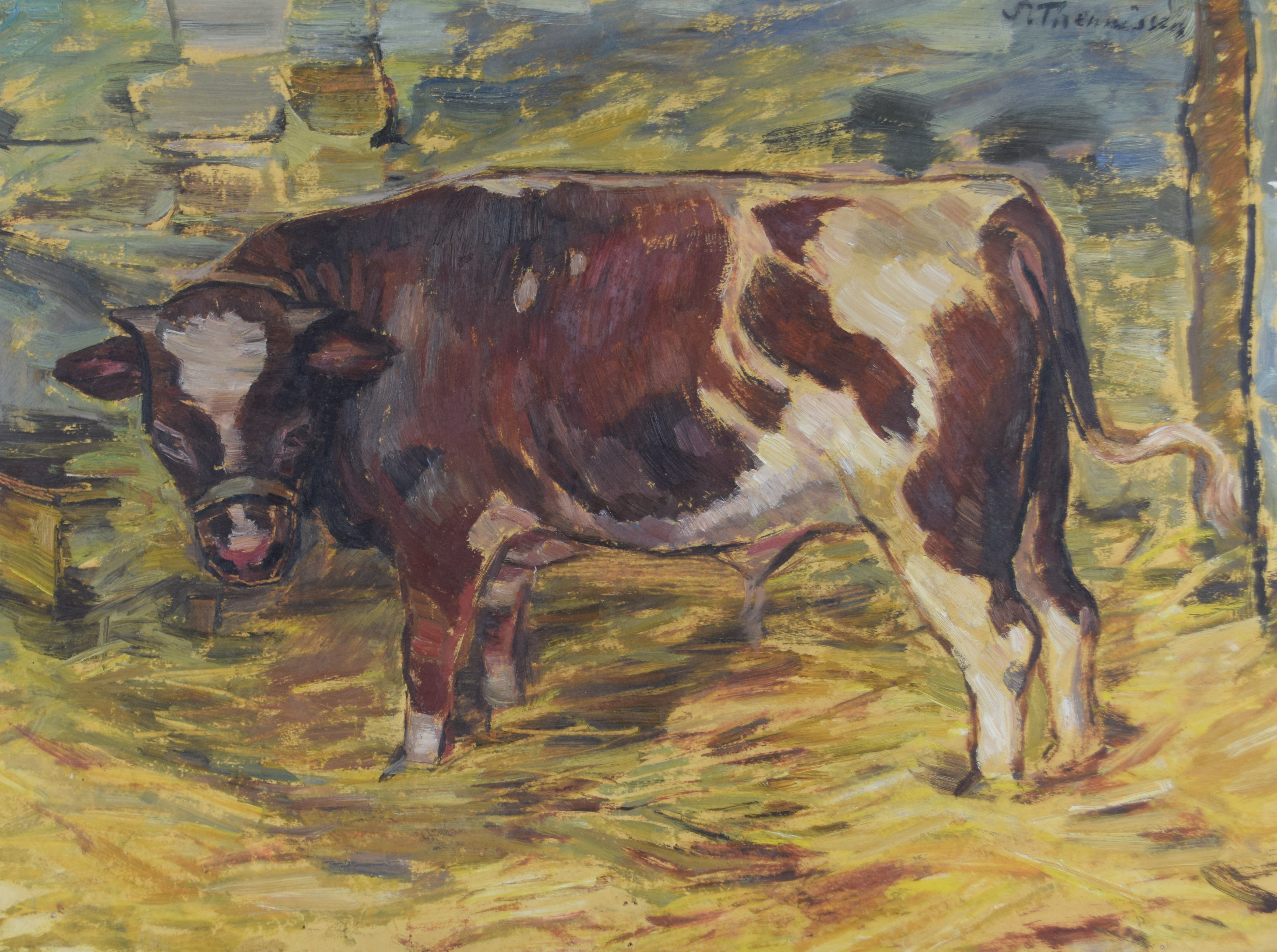 tableau Le taurillon  Theunissen Charles (karel) animaux  huile papier 1ère moitié 20e siècle