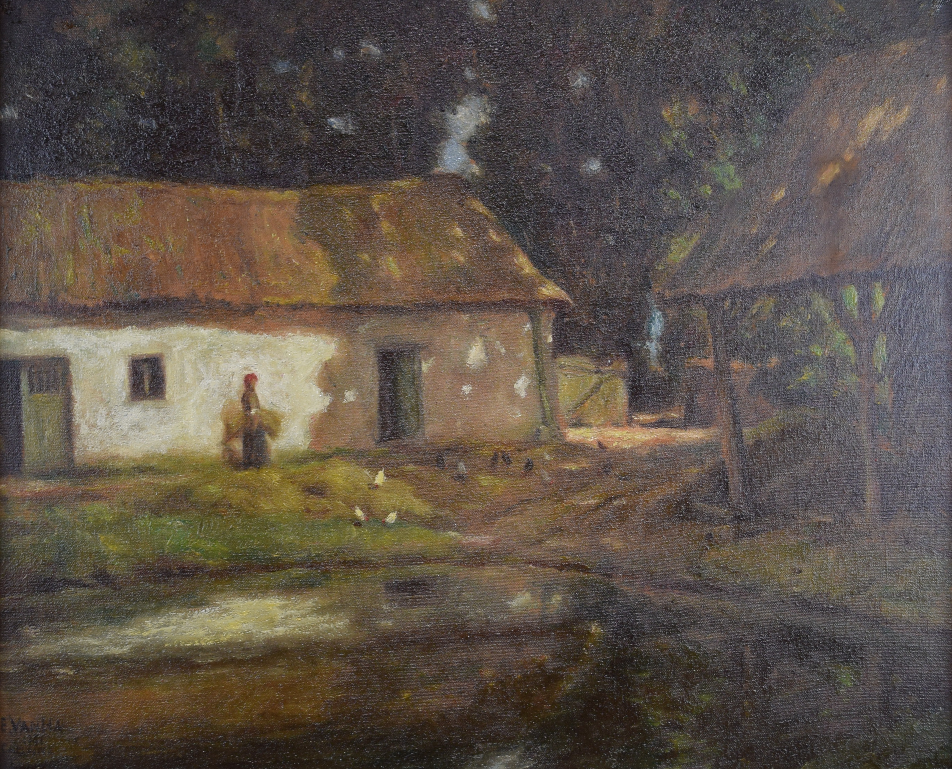 tableau Ferme en campine Van Ha E paysage,personnage  huile toile 2ième moitié 20e siècle