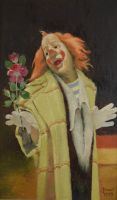 tableau Le bouquet du clown  Dacrot JP humoristique,personnage  huile panneau 2ime moiti 20e sicle
