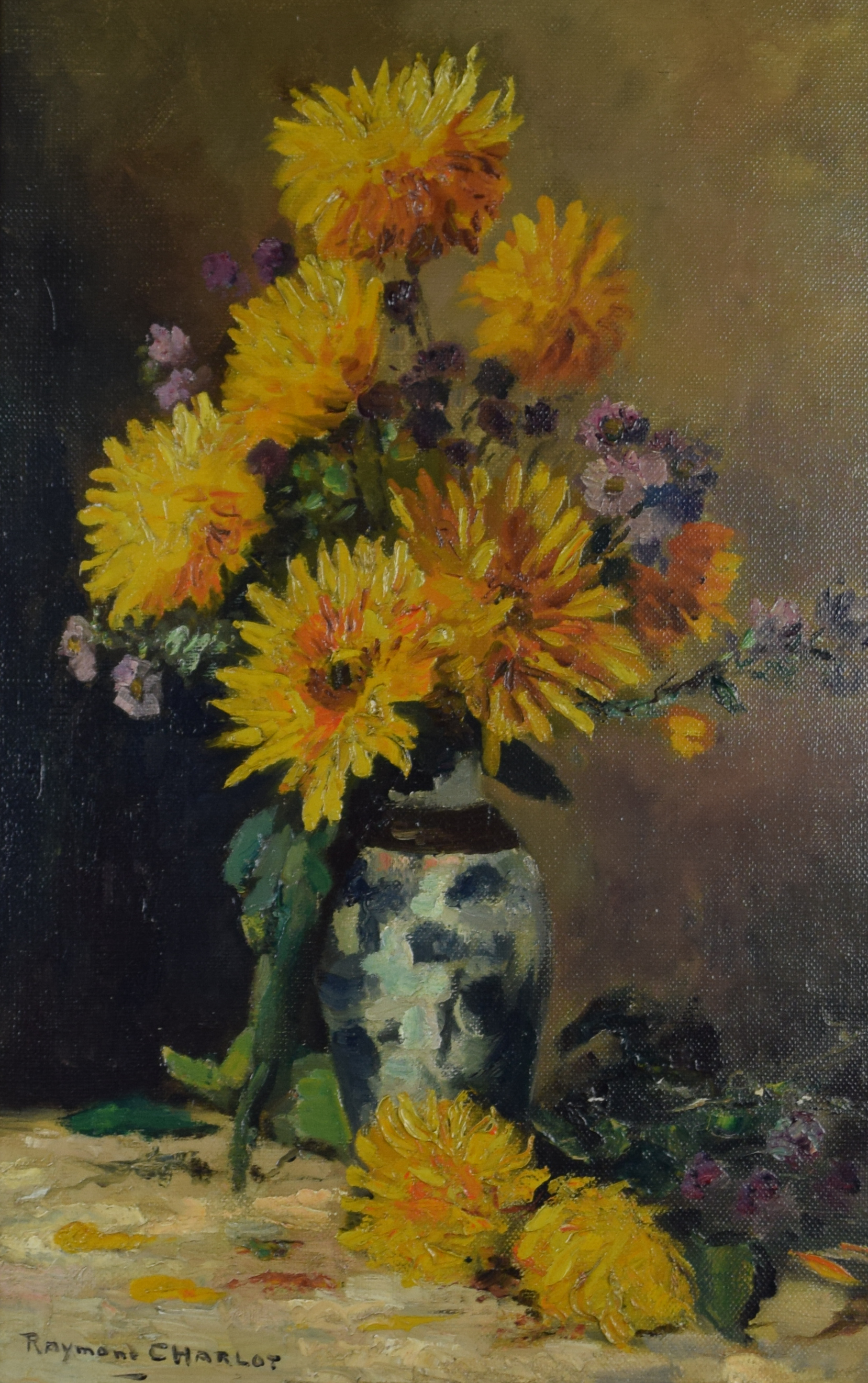 tableau Le vase bleu aux fleures jaunes Charlot Raymond fleurs,nature morte  huile toile 1ère moitié 20e siècle
