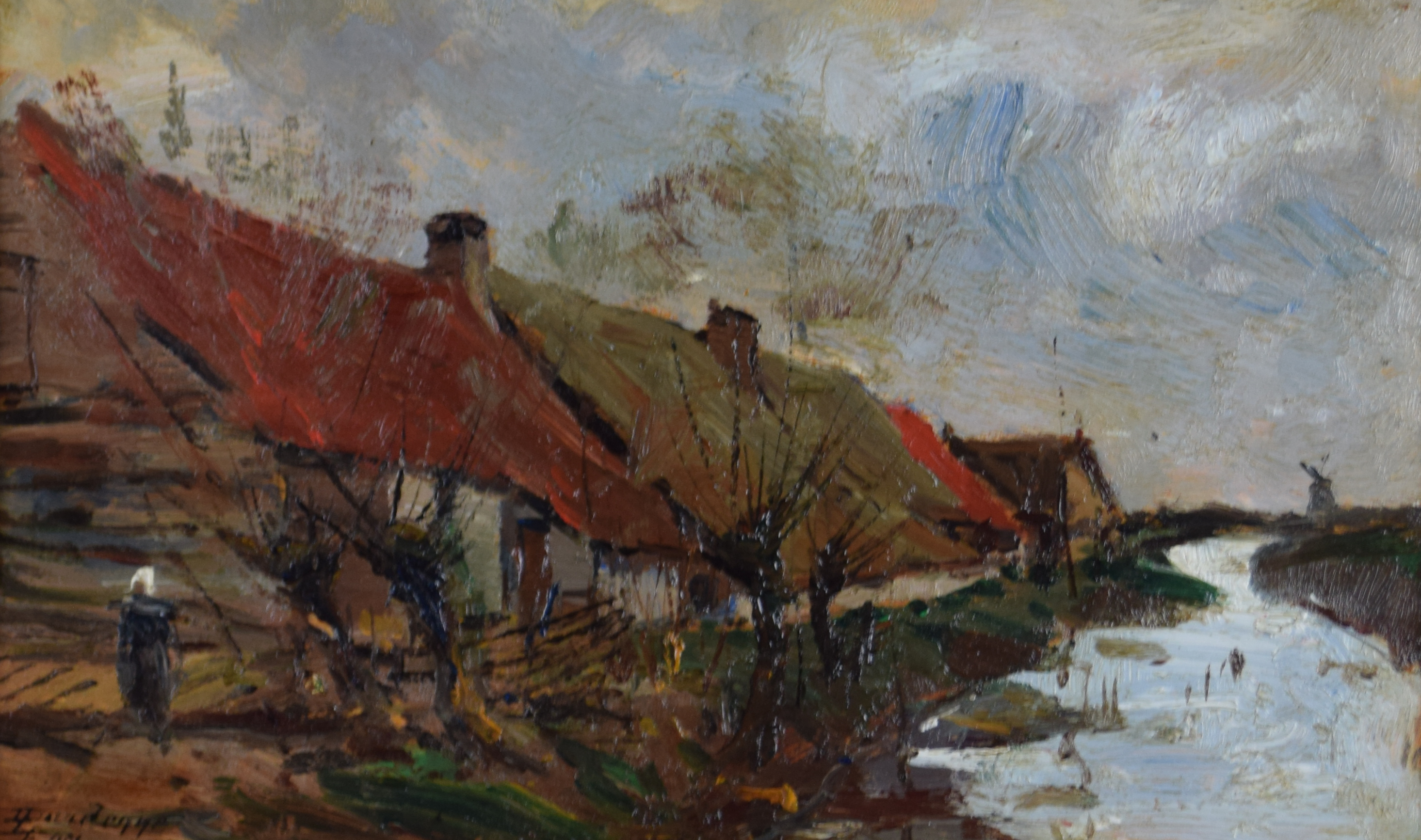 tableau Aux environs de Coxyde Dardenne Léon paysage,personnage,village  huile panneau 1ère moitié 20e siècle