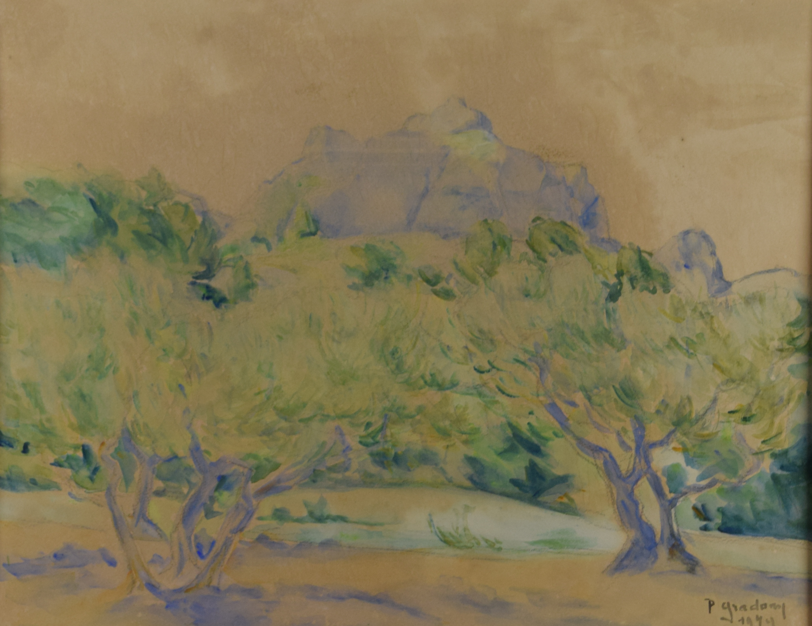 tableau Les oliviers en provence Gradom Paula paysage  aquarelle papier 2ième moitié 20e siècle