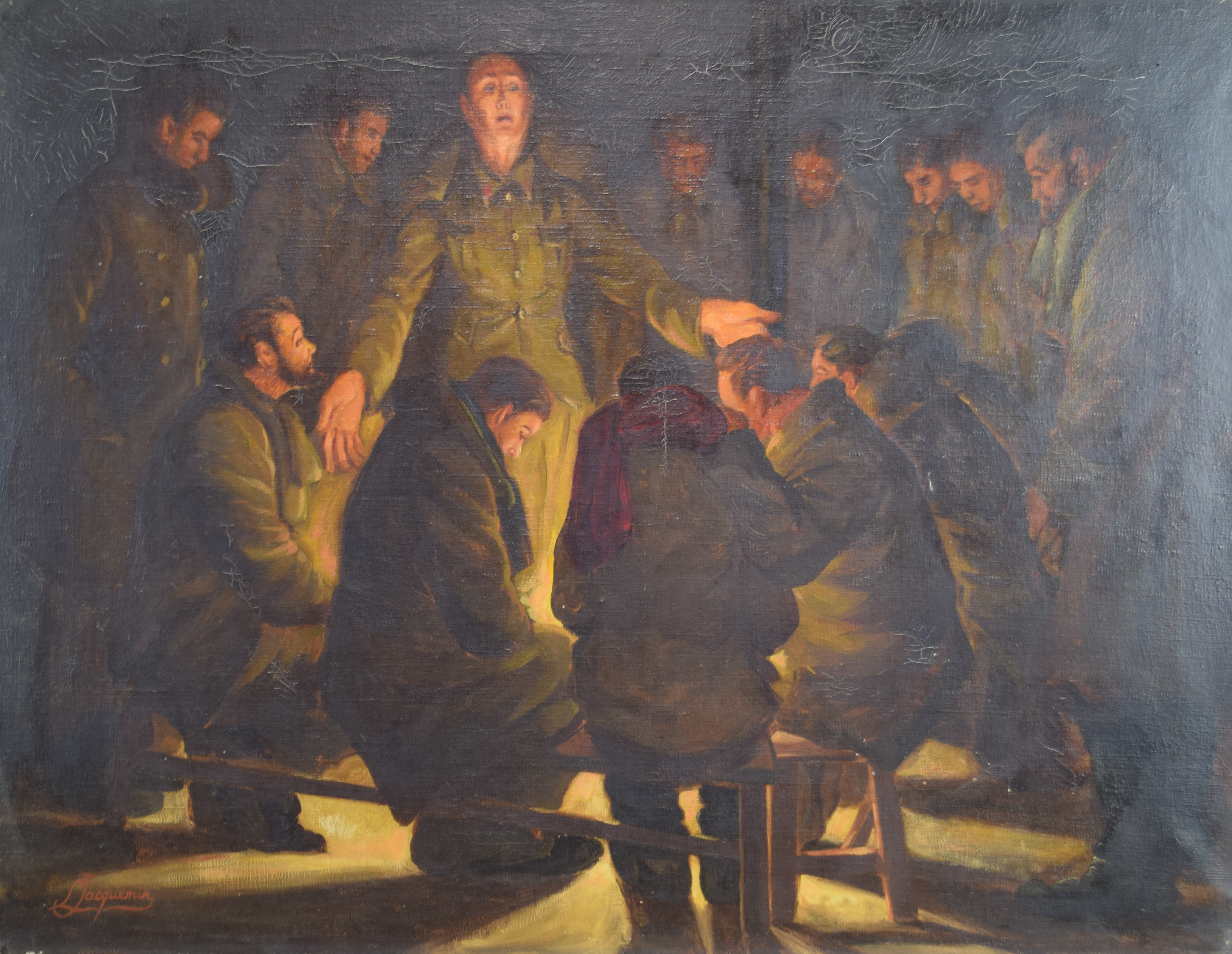 tableau Chant de Noël au stalag Jacquemin Léo militaire,personnage  huile toile 1ère moitié 20e siècle