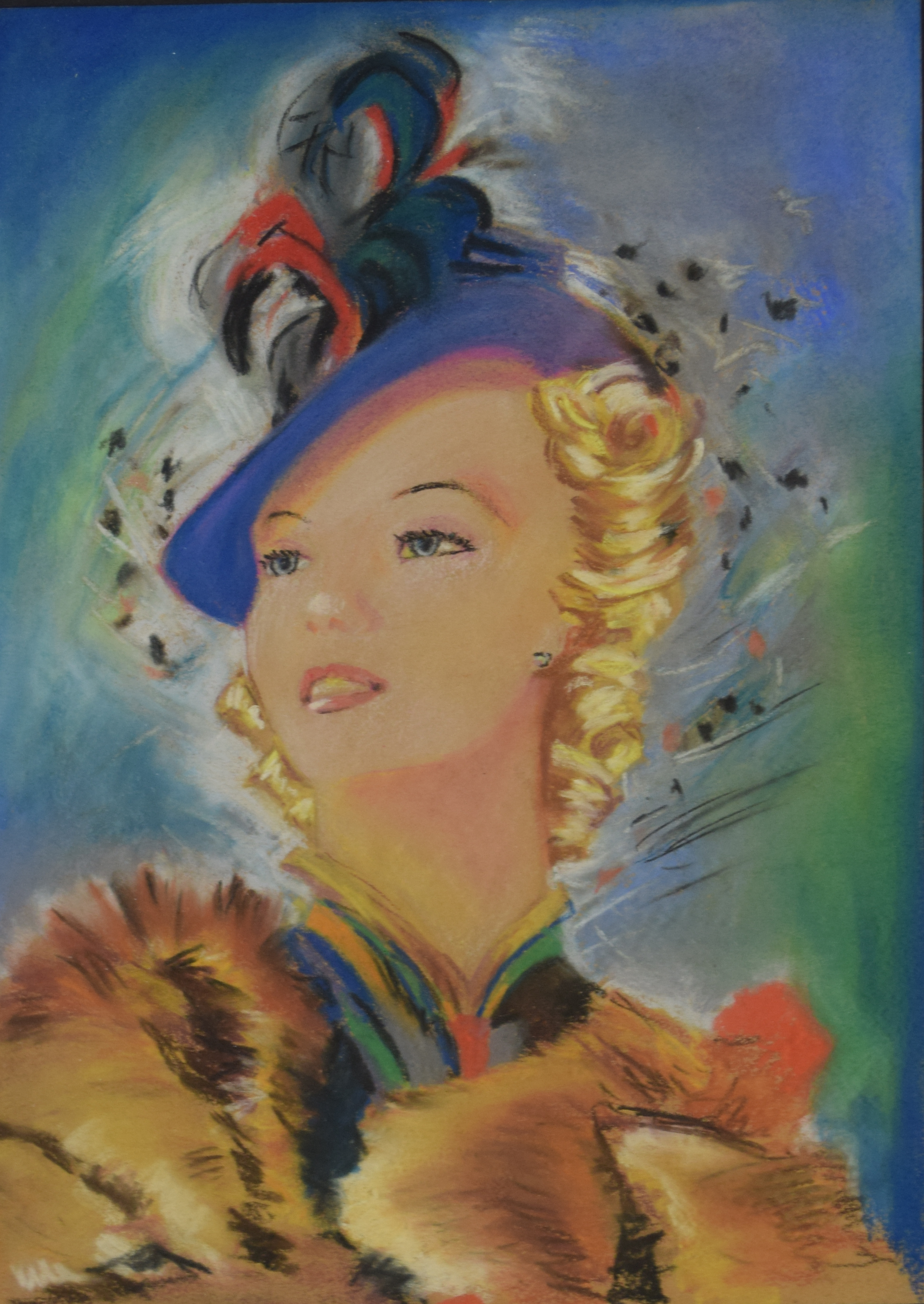 tableau L'élégante   portrait  pastel papier 2ième moitié 20e siècle