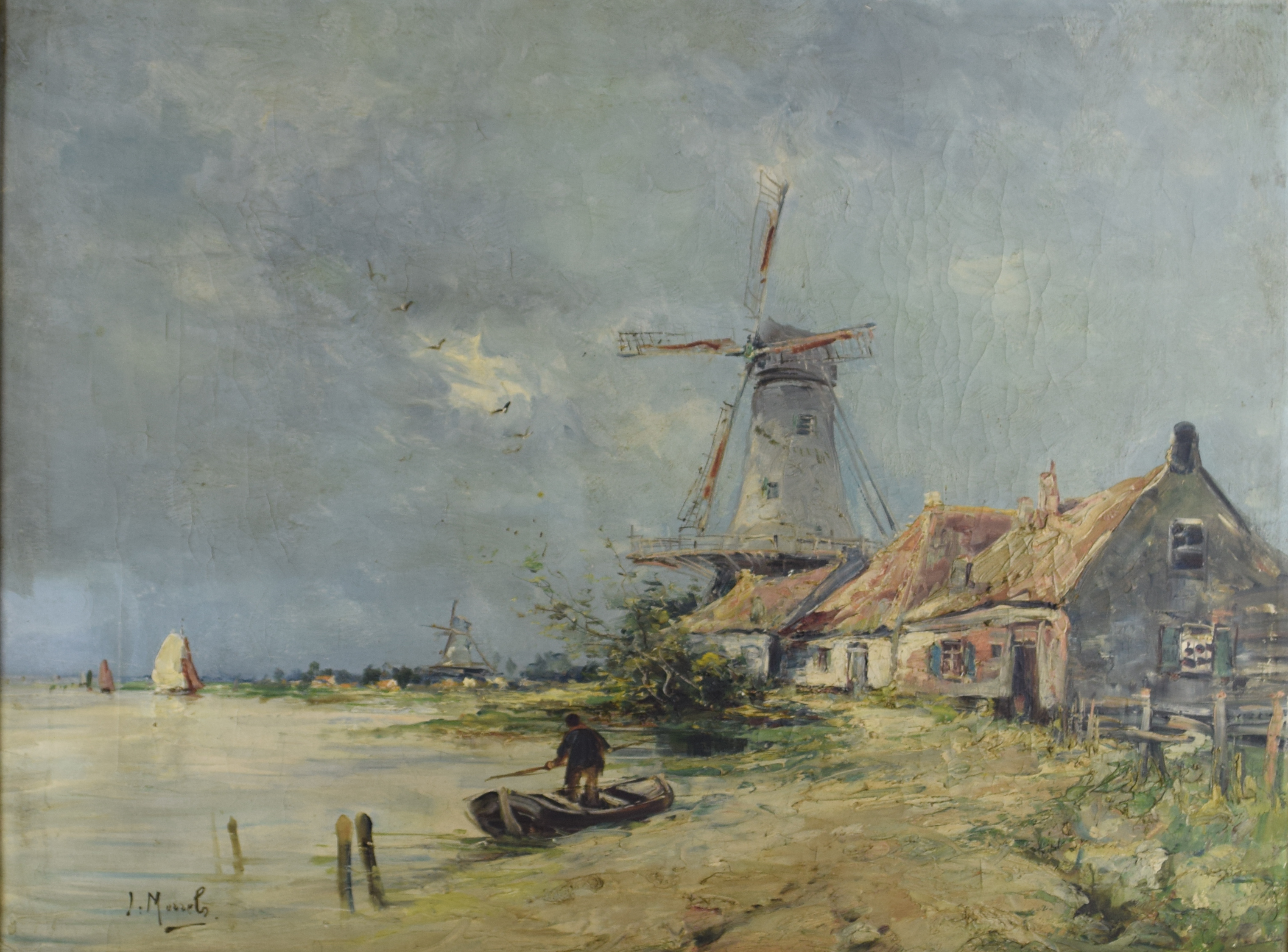 tableau Paysage au moulin   paysage,personnage  huile toile 1ère moitié 20e siècle