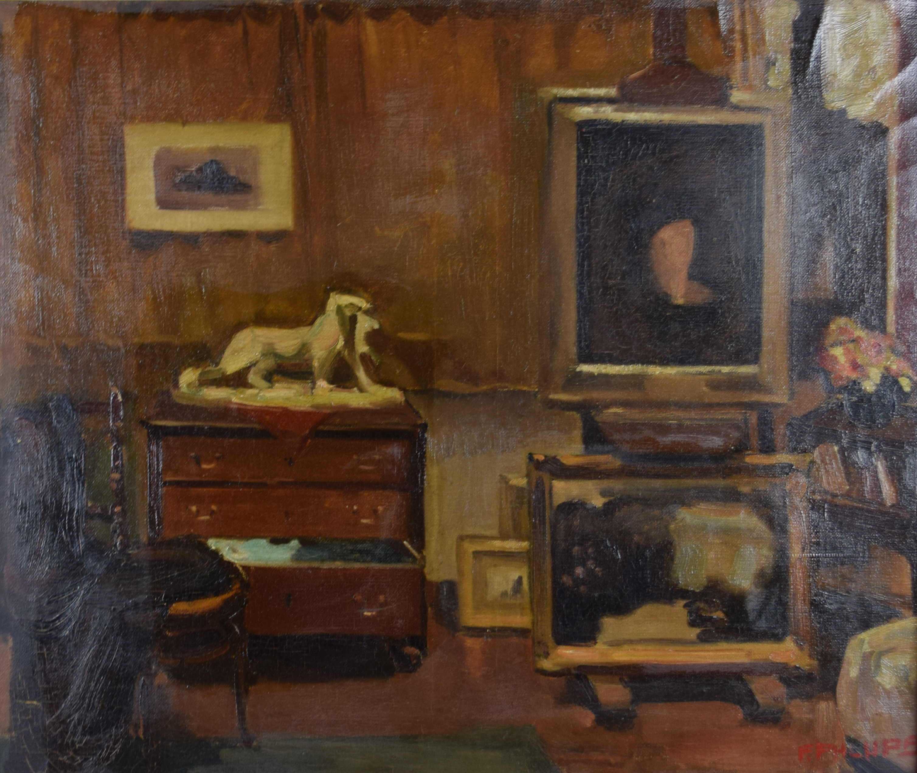 tableau L'atelier du peintre Philips Théophile scène d'intérieur  huile toile 1ère moitié 20e siècle