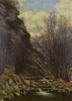 tableau La petite cascade  Delmer Oscar paysage,sous-bois  huile isorel 1re moiti 20e sicle