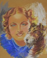 tableau La jeune fille au chien   animaux,portrait  pastel papier 2ime moiti 20e sicle
